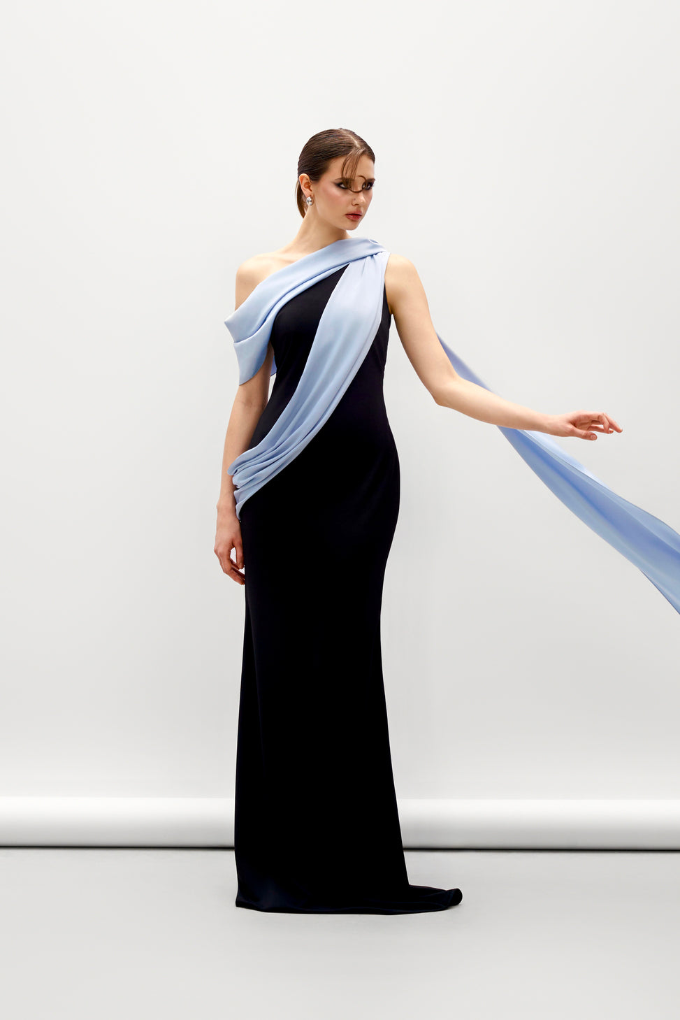 Atropos Draped Mermaid Ponte Knit Maxi Dress